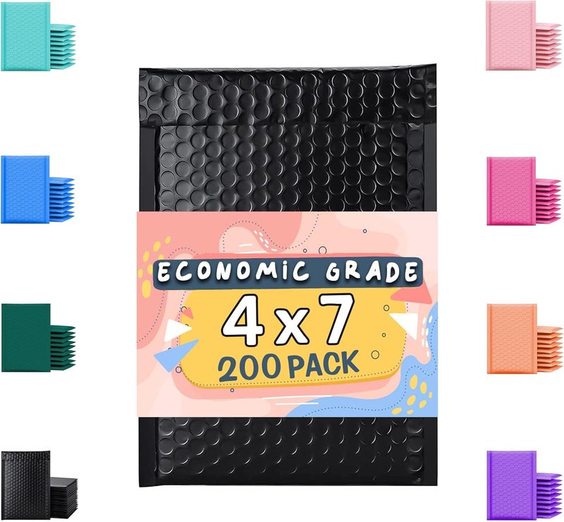Yens Economic Grade Poly Bubble Mailers 4x8 200 Pack Black Waterproof Self Seal Adhesive Shipping Bags, Cushioning Padded Envelopes for Shipping, Mailing, Packaging Usable 4x7 - Image 1
